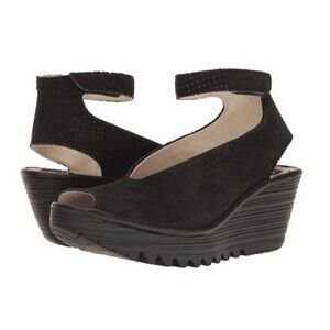 Women’s Black Suede Wedge Heels with Ankle Strap
